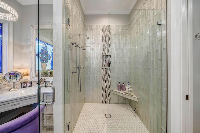 bathroom with crown molding and walk in shower