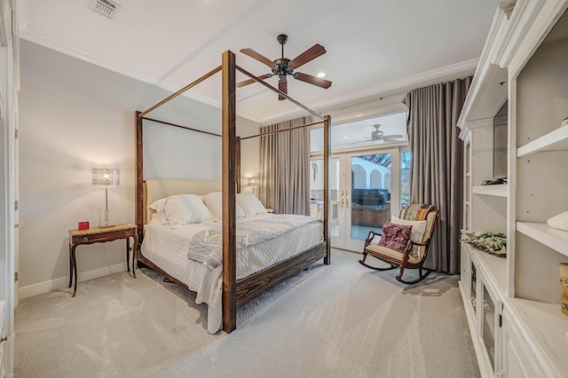 bedroom with access to exterior, light colored carpet, ceiling fan, and ornamental molding