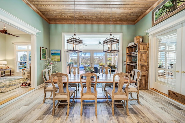 dining room with ceiling fan, crown molding, wooden ceiling, and light hardwood / wood-style floors