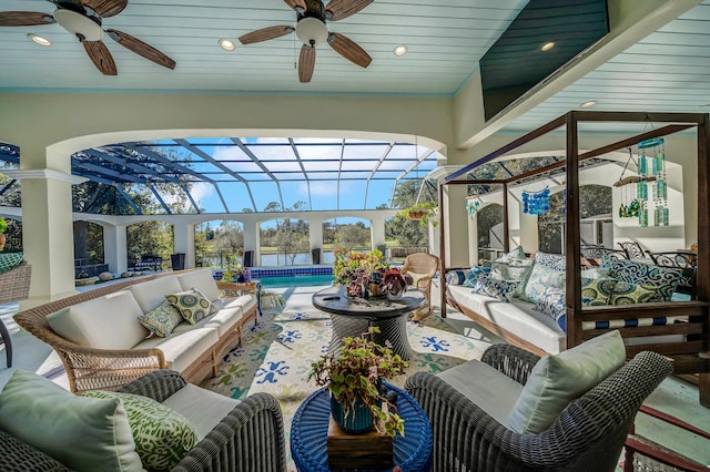 sunroom with plenty of natural light, a swimming pool, and wood ceiling