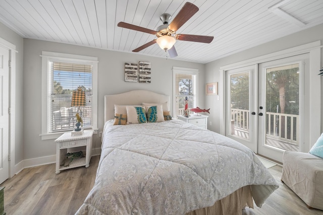 bedroom featuring french doors, light hardwood / wood-style flooring, ceiling fan, access to exterior, and wood ceiling