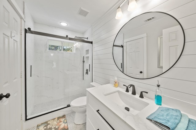 bathroom featuring wood walls, a shower with door, vanity, and toilet