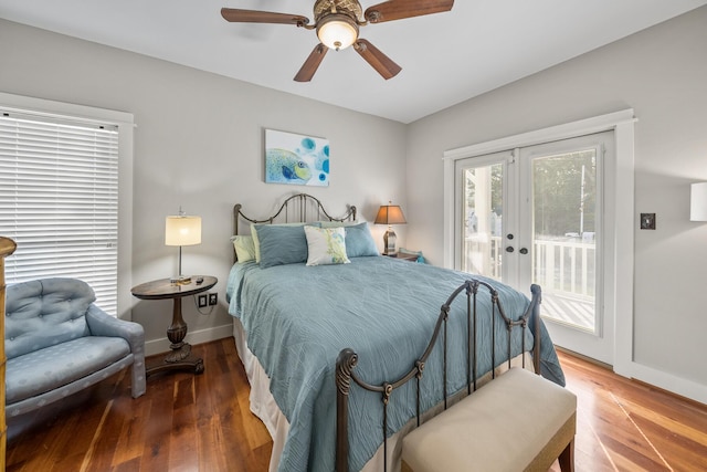 bedroom featuring access to exterior, ceiling fan, french doors, and hardwood / wood-style flooring