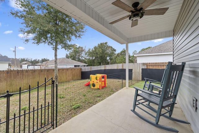 view of patio / terrace featuring ceiling fan