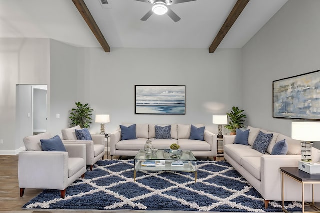 living room with beamed ceiling, ceiling fan, and hardwood / wood-style floors