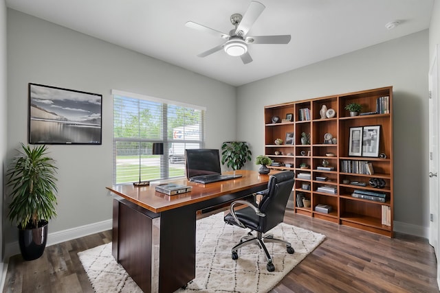 office with ceiling fan and dark hardwood / wood-style floors