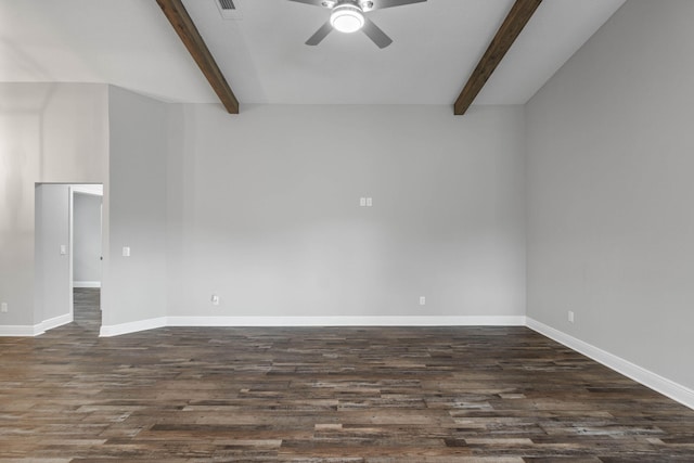 empty room featuring ceiling fan, dark wood-type flooring, and beamed ceiling