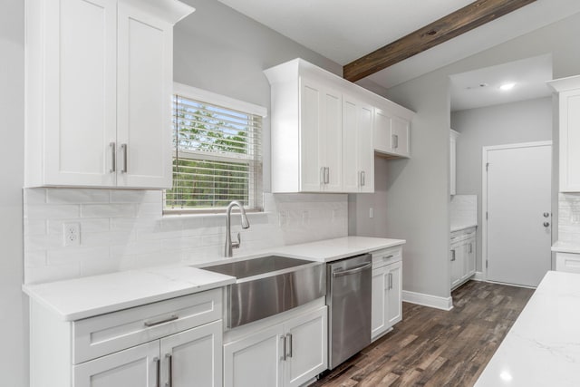 kitchen featuring white cabinetry, sink, backsplash, and dishwasher