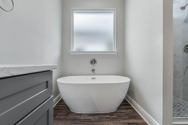 bathroom featuring wood-type flooring and plus walk in shower