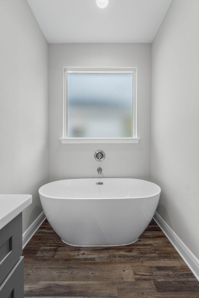 bathroom featuring vanity, a tub, wood-type flooring, and a wealth of natural light