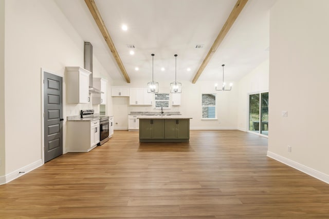 kitchen featuring a sink, white cabinets, open floor plan, beam ceiling, and stainless steel electric stove