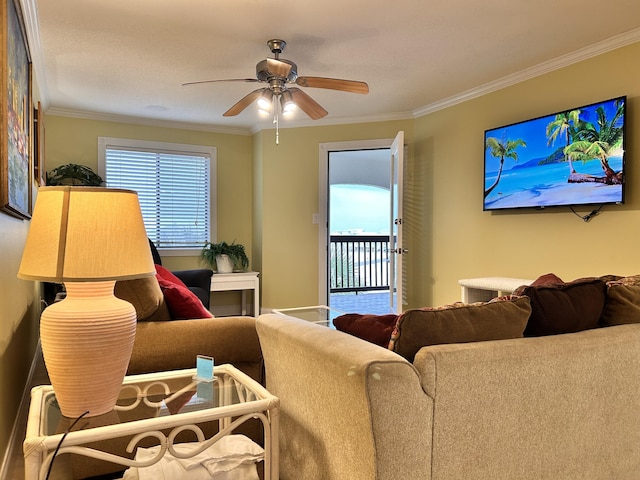 living room with ceiling fan, crown molding, and a wealth of natural light