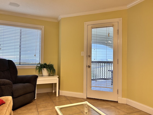 entryway featuring light tile patterned floors and crown molding