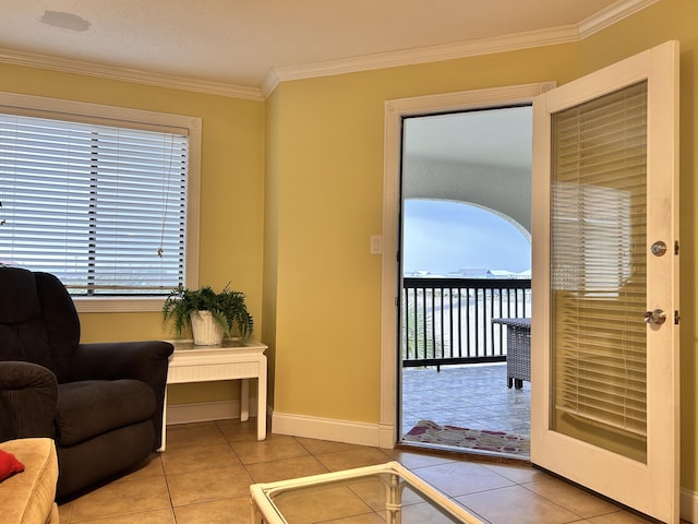 doorway featuring light tile patterned floors, a water view, and ornamental molding