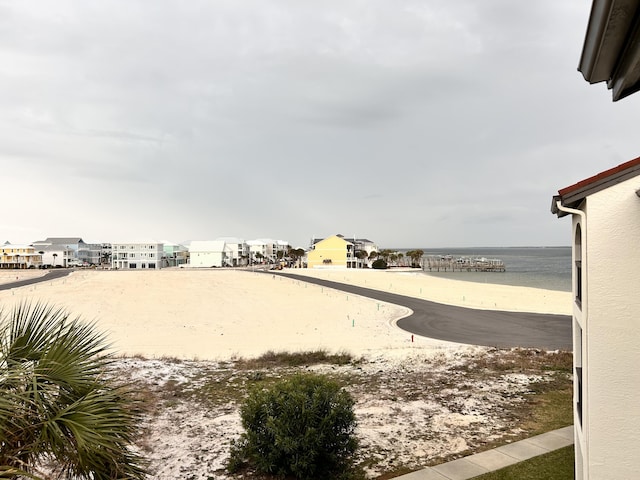 view of yard with a water view and a beach view