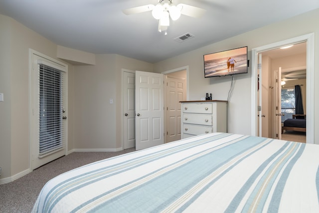 bedroom with ceiling fan and carpet