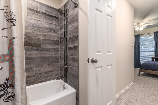 bathroom with ceiling fan and shower / bath combination with curtain