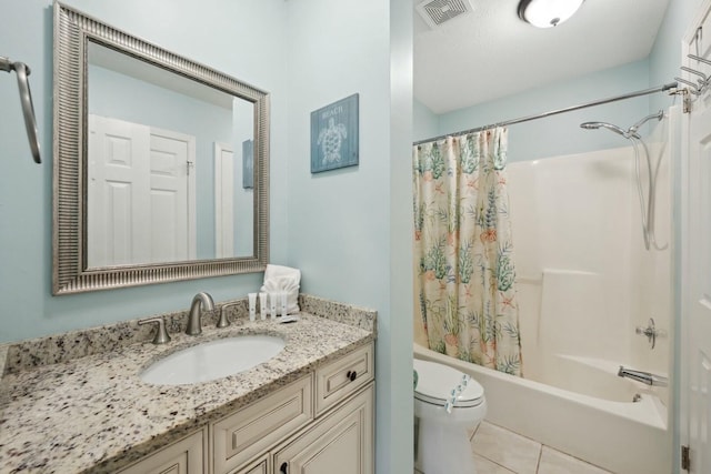 full bathroom with tile patterned flooring, shower / bath combination with curtain, vanity, and toilet