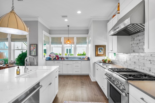 kitchen with pendant lighting, wall chimney exhaust hood, stainless steel appliances, and sink