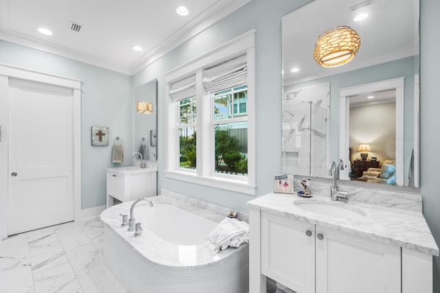 bathroom with independent shower and bath, vanity, and ornamental molding