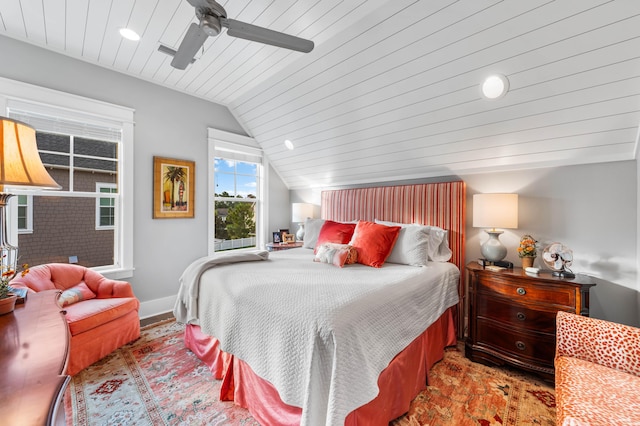 bedroom with lofted ceiling, wooden ceiling, and ceiling fan