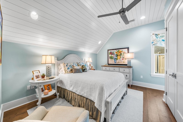 bedroom with dark hardwood / wood-style flooring, wooden ceiling, ceiling fan, and lofted ceiling