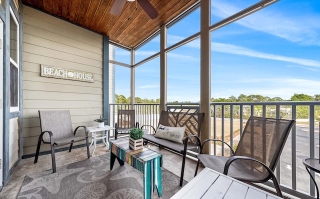 sunroom / solarium featuring ceiling fan and wooden ceiling