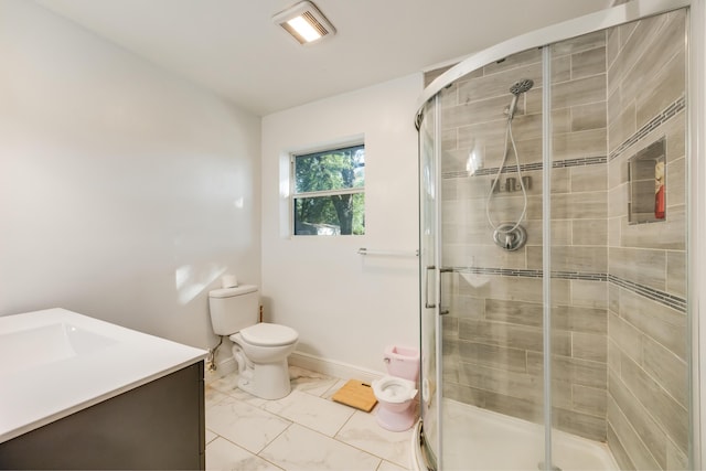 bathroom featuring marble finish floor, visible vents, toilet, a stall shower, and baseboards