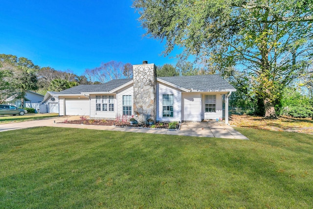 single story home featuring a front lawn and a garage