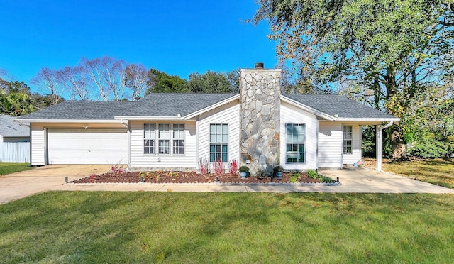 single story home featuring a front yard and a garage