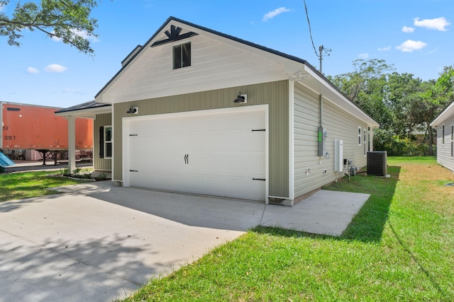 exterior space featuring central AC and a front lawn