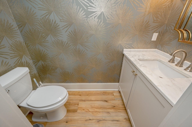 bathroom with hardwood / wood-style flooring, vanity, and toilet