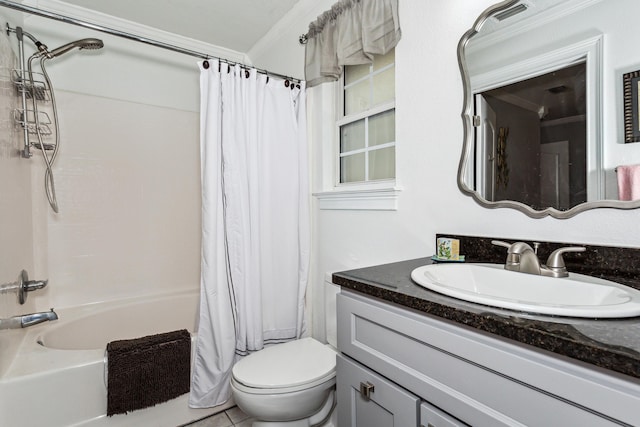 full bathroom featuring ornamental molding, shower / bath combo, vanity, and toilet