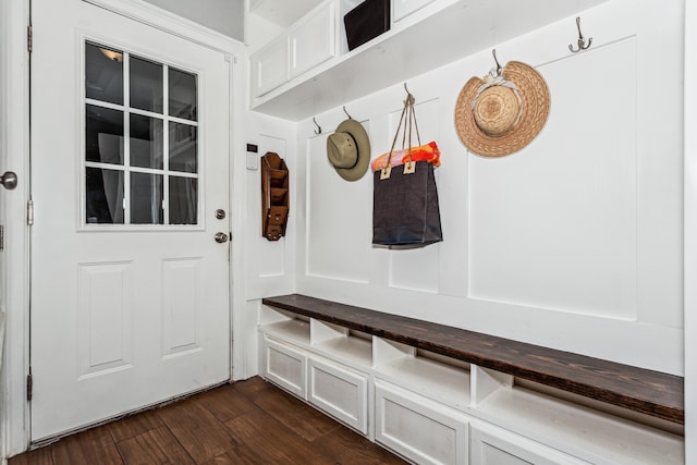 mudroom featuring dark wood-type flooring