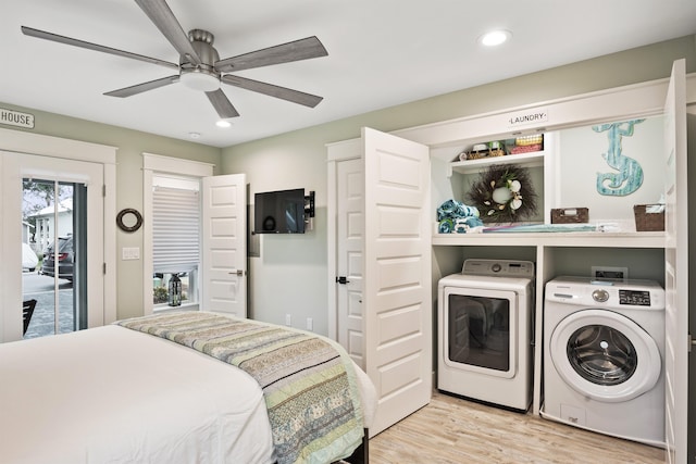 bedroom with access to outside, washing machine and dryer, ceiling fan, and light hardwood / wood-style floors