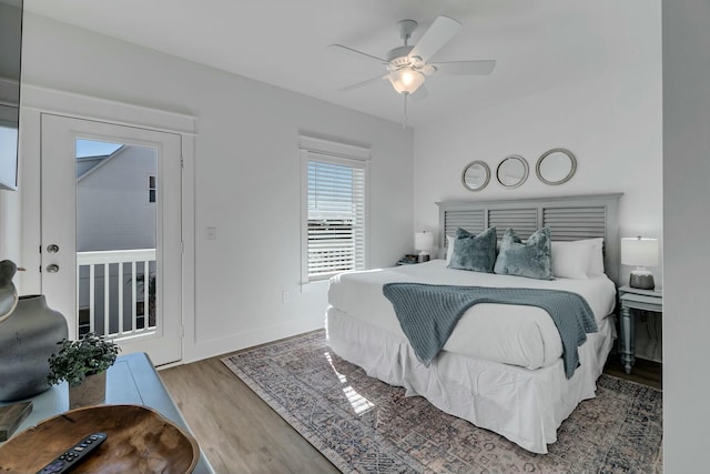 bedroom featuring hardwood / wood-style flooring and ceiling fan