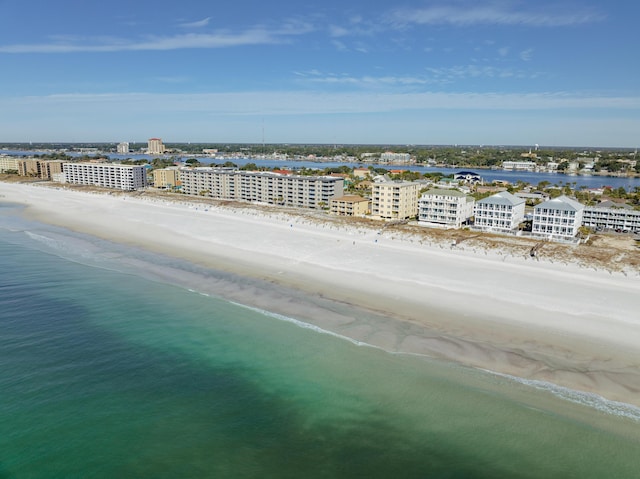 aerial view featuring a beach view and a water view