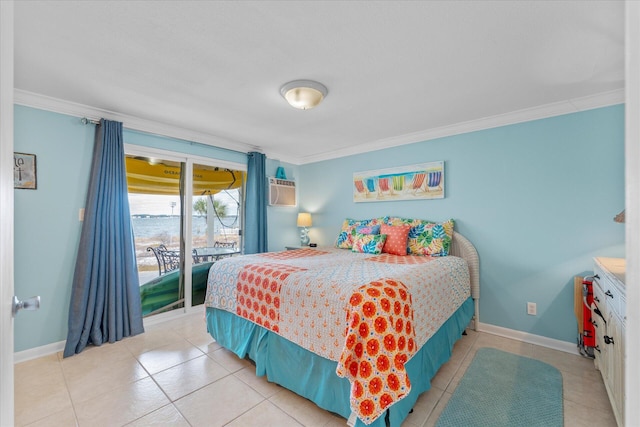 bedroom with a wall mounted air conditioner, light tile patterned flooring, access to exterior, and ornamental molding