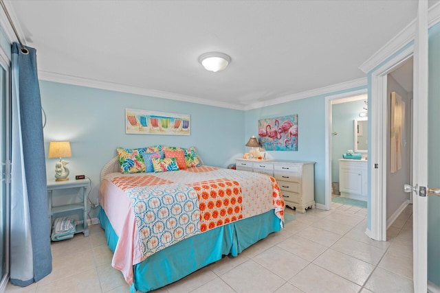 tiled bedroom featuring ensuite bathroom and ornamental molding