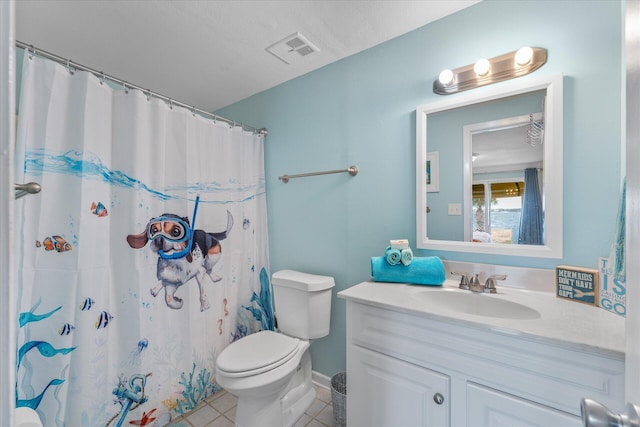 bathroom featuring tile patterned floors, vanity, toilet, and walk in shower