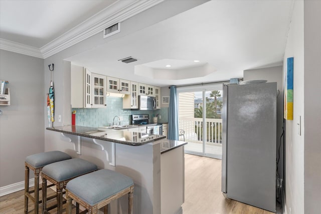 kitchen with backsplash, dark stone countertops, appliances with stainless steel finishes, a tray ceiling, and kitchen peninsula