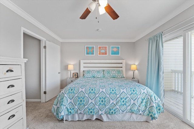 bedroom with light colored carpet, ceiling fan, and ornamental molding