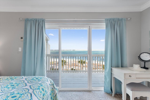 bedroom with a water view, ornamental molding, light carpet, and access to outside