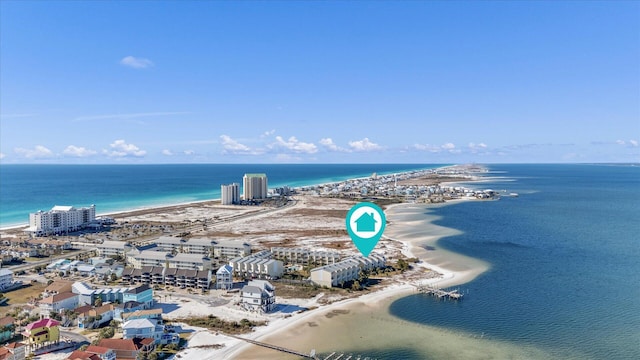 drone / aerial view with a water view and a view of the beach