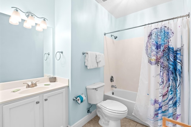 full bathroom featuring vanity, tile patterned floors, toilet, a textured ceiling, and shower / tub combo