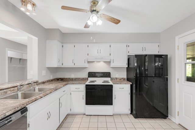 kitchen with dishwasher, black refrigerator, electric stove, sink, and white cabinetry