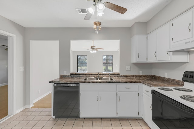 kitchen featuring white electric range oven, sink, white cabinetry, and black dishwasher