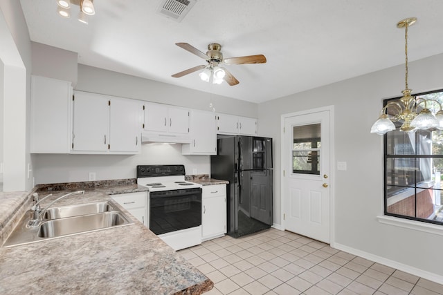 kitchen with black fridge, ventilation hood, sink, electric stove, and white cabinetry