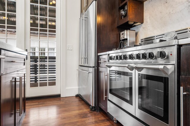 kitchen with dark hardwood / wood-style floors and high end appliances