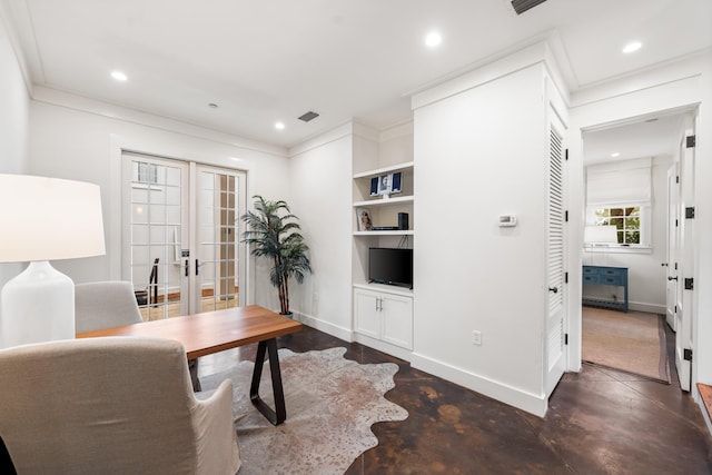 office featuring french doors and crown molding